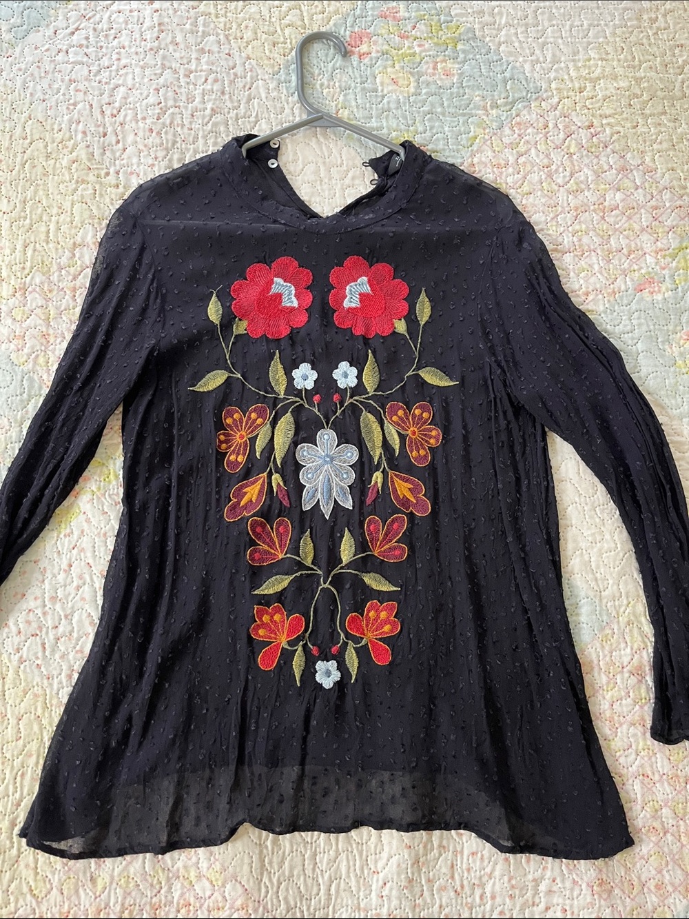 Zara Black Long-Sleeve Sheer Tunic with Floral Embroidery